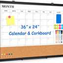 Monthly Calendar Whiteboard Dry Erase Cork Board Combo for Wall, 36" x 24" Magnetic Double-Sided Calendar White Board and Bulletin Board, Portable Board for Office, Kitchen, School, Home