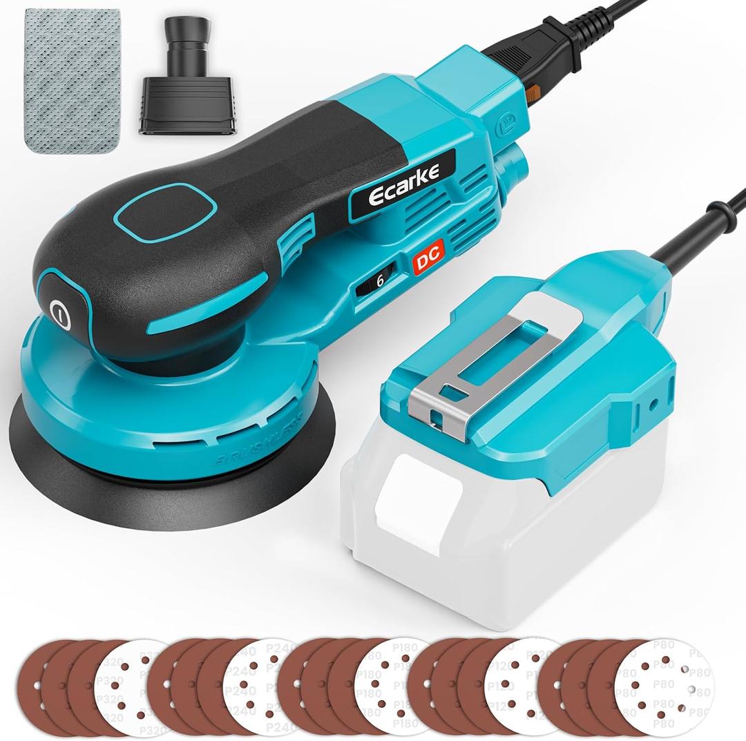 Ecarke 5-Inch Random Orbital Sander Compatible with Makita 18V Battery, 350W Brushless Palm Sander, 12,000 RPM 6 Variable Speed with 20PCS Sandpapers, Dust Bag for Woodworking, No Battery