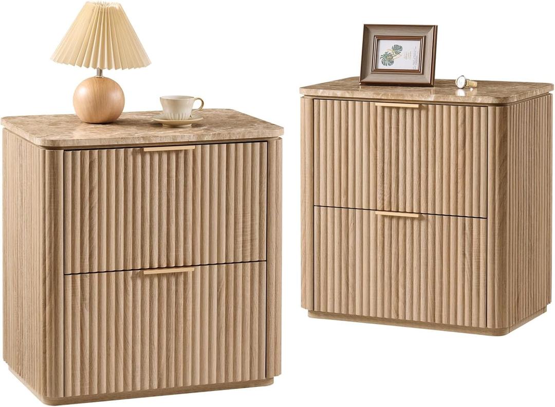 Fluted Nightstand with 2 Drawers, Set of 2, 23.23 in. W X 17.72 in. D X 13.78 in. H, Wooden