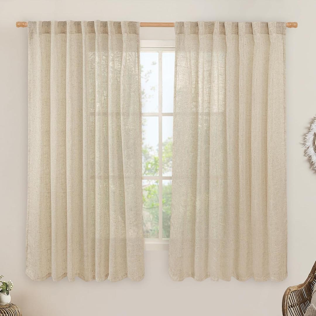 LAMIT Linen Curtains 63 Inch for Bedroom, Light Filtering Neutral Semi Sheer Window Curtains Back Tab and Rod Pocket Living Room Panels, 2 Panels, Linen, 60 x 63 Inch