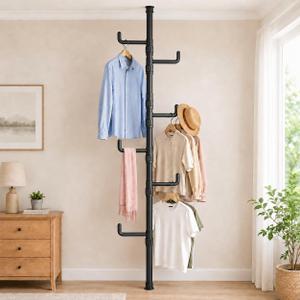 Floor to Ceiling Clothes Drying Rack, Adjustable Tension Pole Laundry Rack for Balcony. Vertical Coat Hanger Stand for Bathroom Bedroom, No Drilling Easy Install Space Saving (Black), Large
