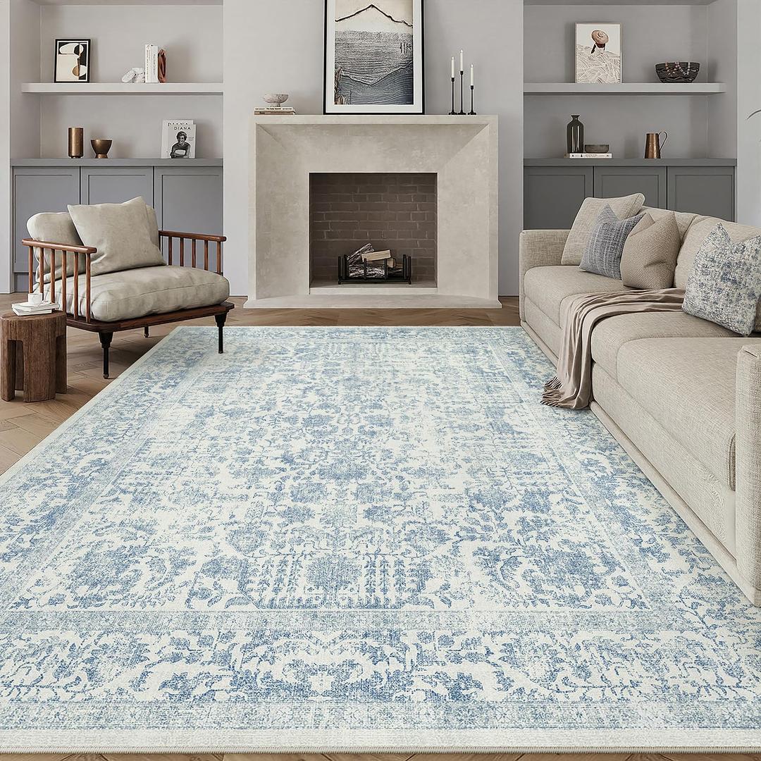 PureCozy Blue Area Rug 10x14 Machine Washable Large Vintage Living Room Distressed Non Slip Carpet Traditional Indoor Bedroom Grey Retro Floral Accent Throw Rug for Office Kitchen Dining Room