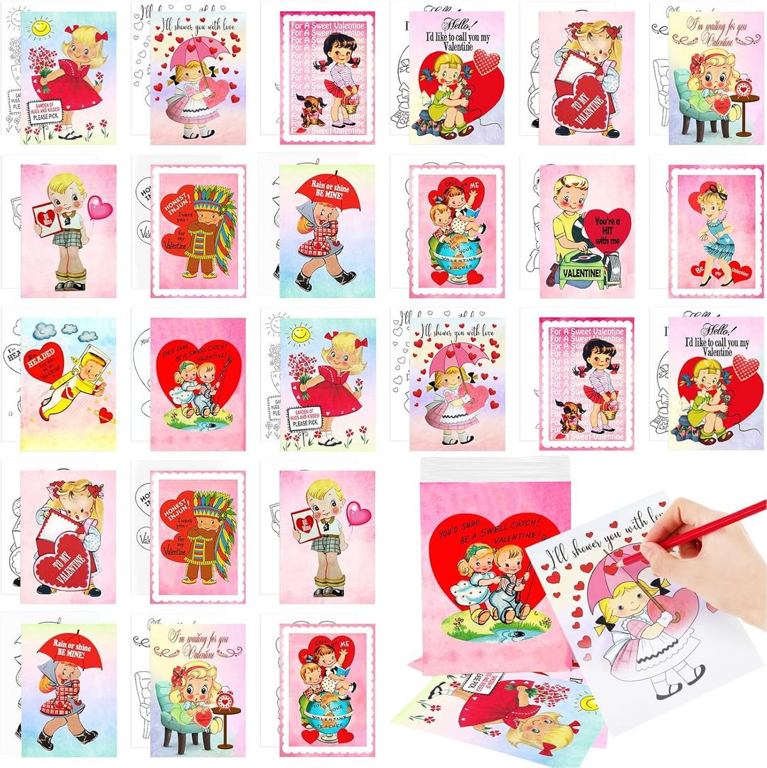7 x Tenceur 28 Pcs Valentine Pre Printed Coloring Cards 5 x 7 Inch Pre Painting Card Classroom Valentine Exchange Gifts Prizes Party Favors Supplies(Vintage Style)