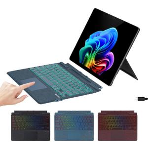 Microfiber Leather Keyboard for Surface Pro 11/10/9/8/X, Bluetooth Keyboard Type Cover with Palm Rejection Touchpad, Pen Holder, Type-C Charging, 7-Color Backlight for Microsoft Surface Pro