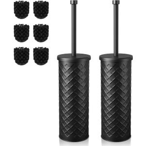 Toilet Bowl Brush and Holder Set 2 Pack with 4 Extra Brush Heads | Extra Long Handle with Splash Guard Cover, Tool-Free Installation, Bathroom Space-Saving, Cleaner Sets for Apartments, RV (Black)