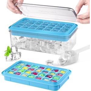 Longzon Ice Cube Tray with Lid and Bin, 56 Pcs Ice Cube Trays for Freezer, Ice Cube Mold, Ice Molds Spill-Resistant Removable Lid & Ice Scoop, Ice Mold for Whiskey Cocktail, Tea, Coffee -Blue
