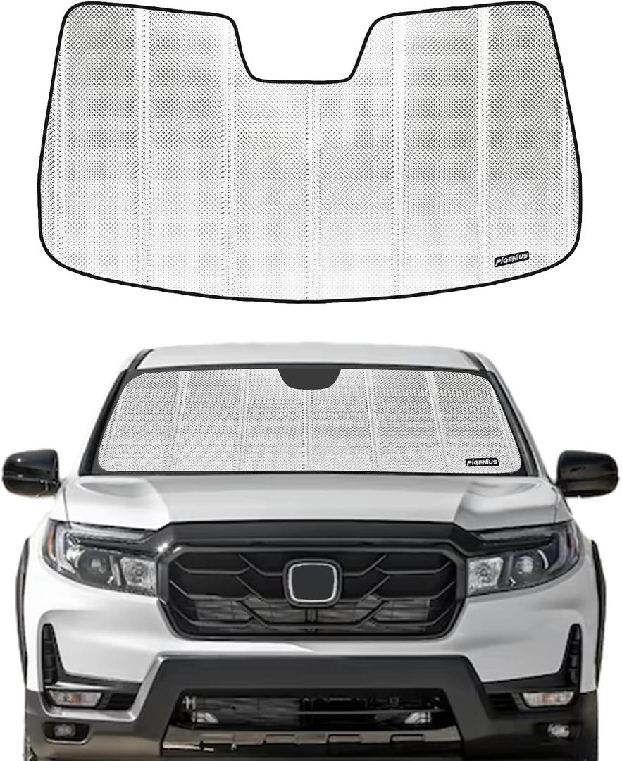 Pigenius Windshield Sun Shade for Honda Passport 2019-2025, Pilot 2016-2022, Ridgeline 2017-2025 with Honda Sensing Camera. Reflective Aluminum Film Front Window Sunshade - BLAZBLOCK