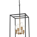 VINLUZ Retro 4 Light Large Farmhouse Chandelier Rustic Dining Room Lighting Fixtures Hanging in Black and Brushed Brass Finish Metal Square Cage Pendant Lighting for Kitchen Island