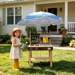Wooden Mud Kitchen, 7 in 1 Outdoor Pretend Play Kitchen with Umbrella,Removable Sink & Chalkboard, Cooking Accessories, Backyard Pretend Toy for Kids Aged 3-8
