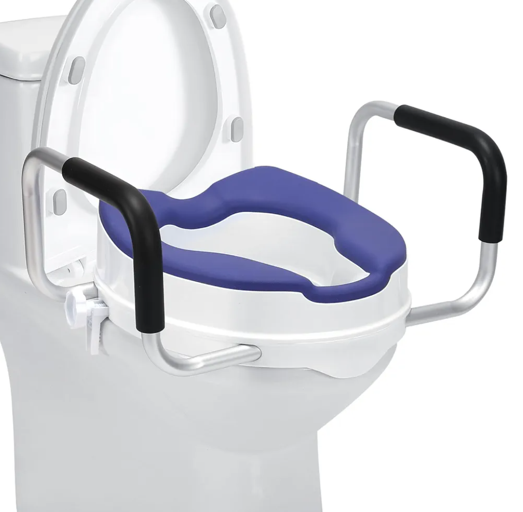 Raised Toilet Seat with Handles, 4'' Toilet Seat Riser for Seniors with TPR Padded and Aluminum Arms, Toilet Safety Riser for Most Toilet (Blue)