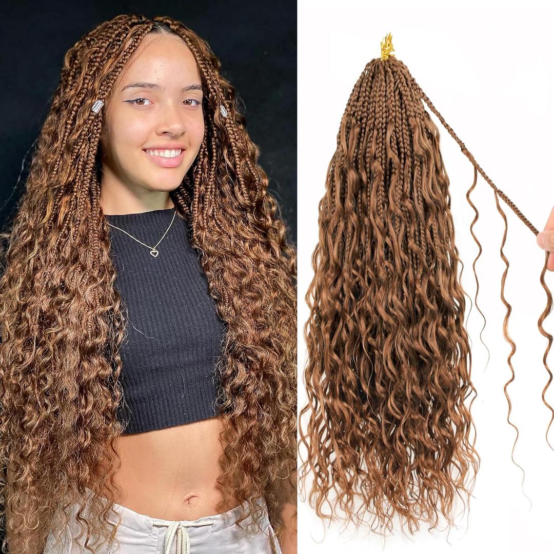 Goddess Box Braids Pure Protein Fiber Close to Human Hair 24 Inch 8 Packs Boho Crochet Braids with Soft Curls Bohemian Braids Crochet Hair for Black Women (24Inch,30#)