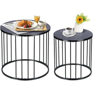 Outdoor Side Table Set of 2, Metal Circle Accent End Tables for Balcony Backyard Garden Indoor Living Room, Durable Black Nesting Coffee Tables, 20+16 Dia
