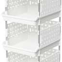 Lifewit Plastic Stackable Storage Baskets, 4 Tier Stacking Bins for Food and Clothes, Multifunctional Organizer for RV, Kitchen, Playroom, Pantry and Bathroom, 13.8"D x 11.8"W x 28.3"H, 1 Pack, White