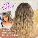 Ombre Blonde Wig with Bangs Short Wavy Bob Wigs for Women Realistic Curly Hair Wigs Shoulder Length Style Synthetic Heat Resistant Wig for Everyday Hairstyle 16 Inch