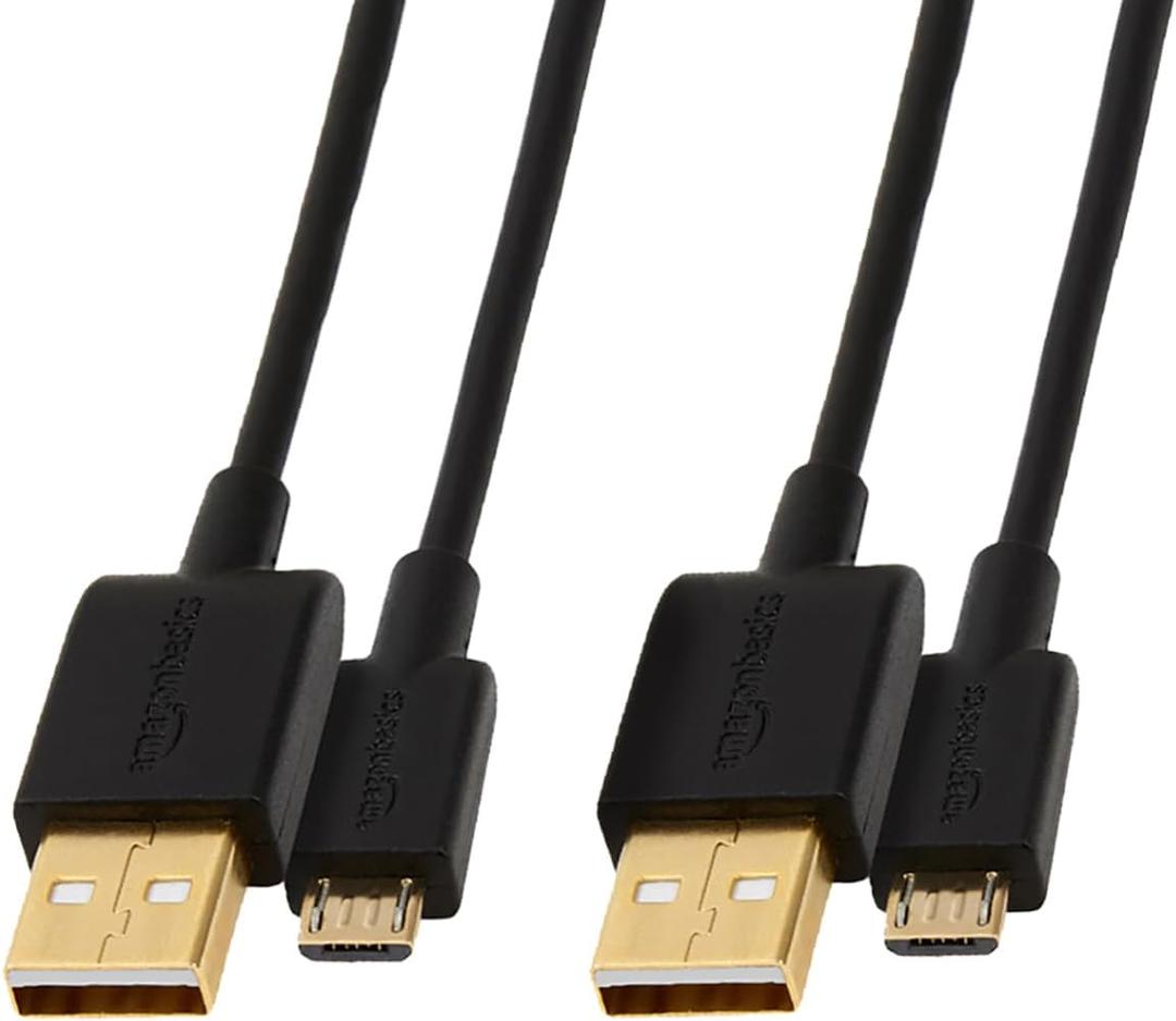 Amazon Basics 2-Pack USB-A to Micro USB Cable, Android Charger, 480Mbps Transfer Speed, Gold-Plated Connectors, USB 2.0, 6 Foot, Black