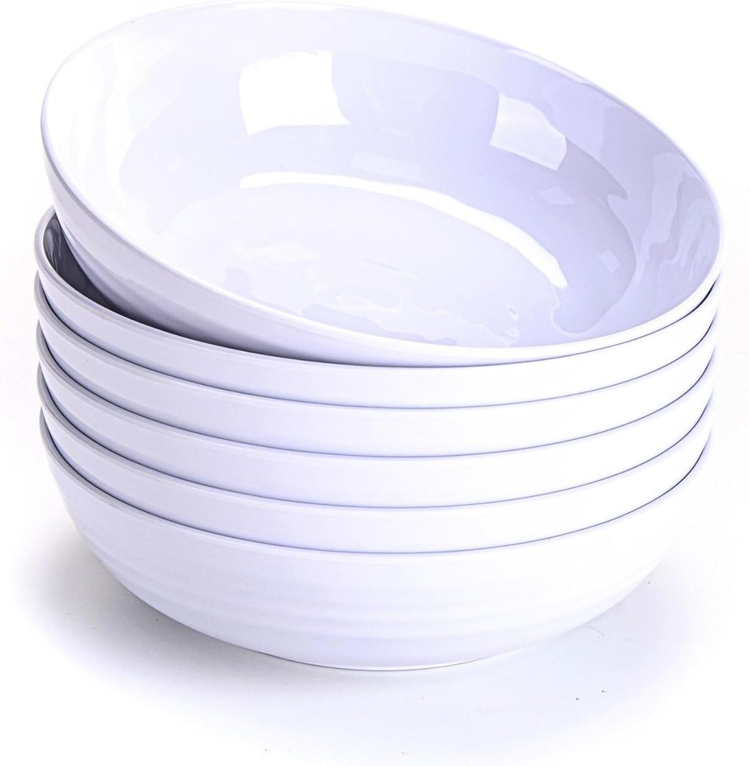 8-Inch Melamine Salad Bowls (Set of 6) - Unbreakable, Reusable Pasta Bowls With Ceramic Feel, Stackable and Dishwasher-Safe, Versatile for All Meals (White), AR20-2