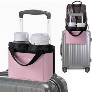 Luggage Cup Holder - Multifunctional Travel Caddy - Fits Suitcase Handles, Also, as a Stroller & Automotive Cup Holder - Pink