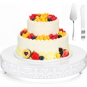 Wenqik 16 Inch White Cake Stand Set Metal Round Cupcake Dessert Stand with Cake Cutting, Flower Spatula Wedding Cupcake Pastry Display Candy Holder Display for Wedding Party Birthday Baby Shower