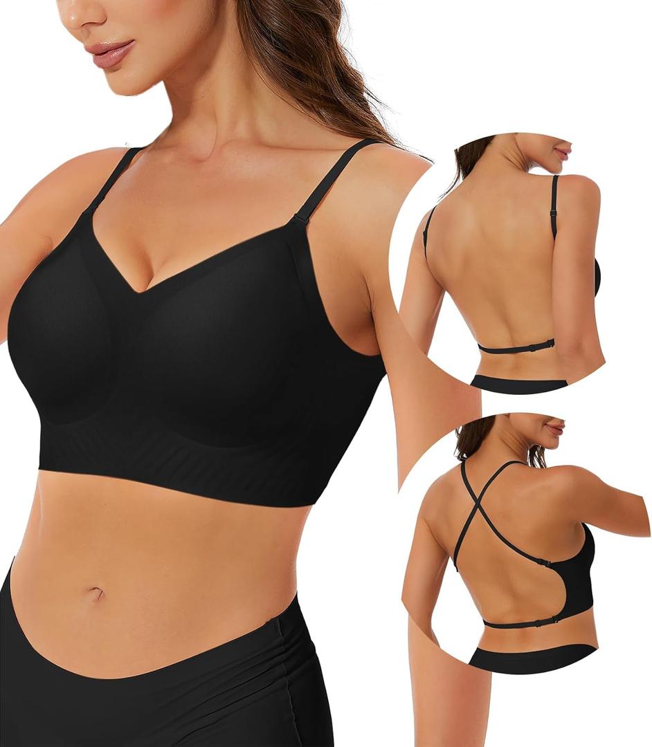 Low Back Bra Padded Bralettes for Women Backless Smoothing Invisible Wireless Lifting Convertible Bras, Black, X-Large