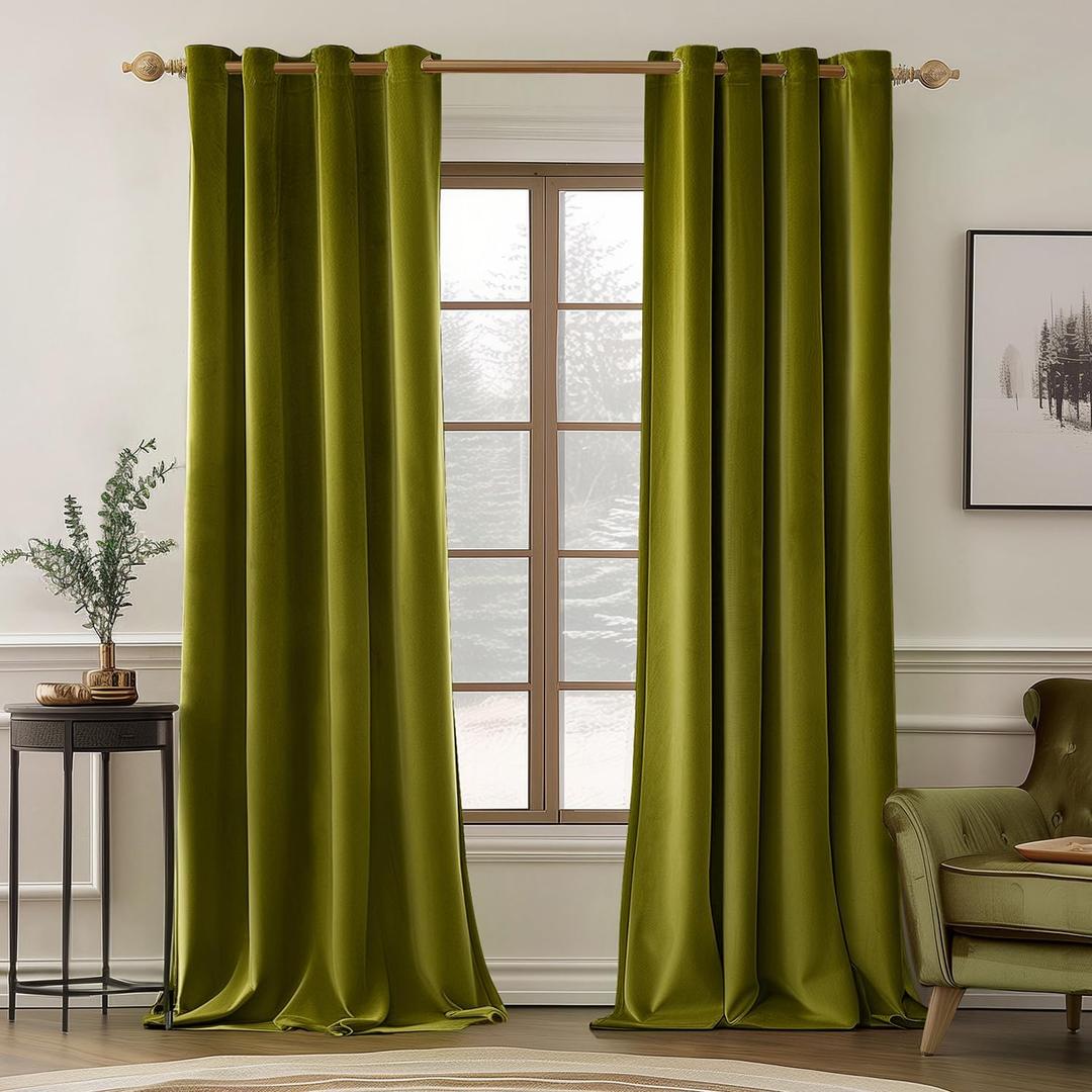 MIULEE Velvet Curtains Olive Elegant Grommet Thermal Insulated Soundproof Green Room Darkening Curtains/Drapes for Classical Living Room Bedroom Decor 52 x 96 Inch Set of 2