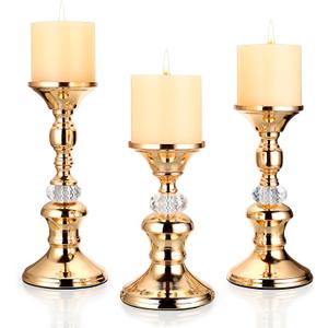 OwnMy Set of 3 Rose Gold Metal Pillar Candlestick Holders Brass Pillar Candle Holders for 3 Inch Candles, Elegant Metal Crystal Candle Stands for Dining Table, 6.7"+8.3"+9.3" Height Set