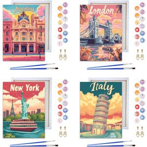 Reofrey Framed Paint by Numbers Kit for Adults & Beginner - 4Pcs 8x12Inch Canvas Architectural Landscape Paint by Numbers - Educational & Creative Art Set for Beginners - Perfect for Home Decoration