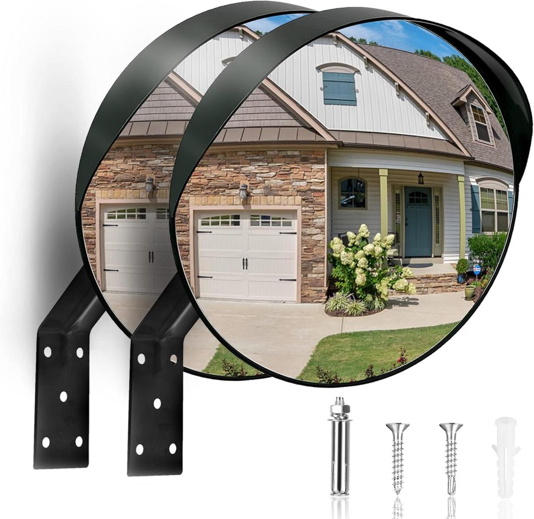 2Pcs 12" Convex Security Corner Mirror (Clear View) - Adjustable Fixing Bracket, Wide Angle, Indoor and Outdoor Use - Ideal for Warehouse, Office, Parking Garage, and Traffic Safety (Black)