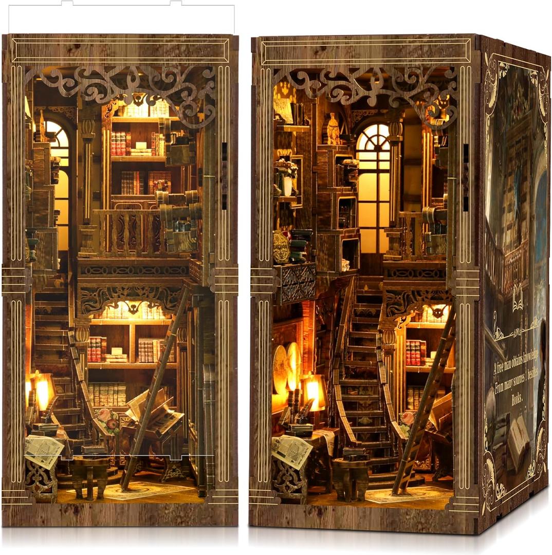 SUNNINO Book Nook Kit - DIY Miniature House Kit Doll House 3D Wooden Puzzles with LED Book Nook Kits for Adults Unique Gift for Book Collectors