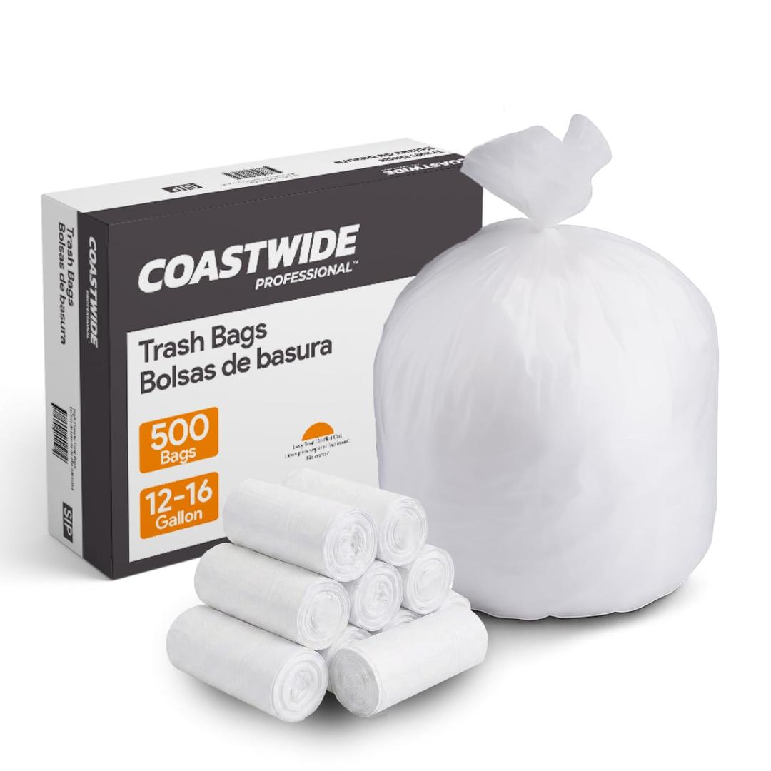 Coastwide Professional 12-16 Gallon Trash Bags, 24" x 33", High Density, 13 mic, Natural, 500 Bags/Box