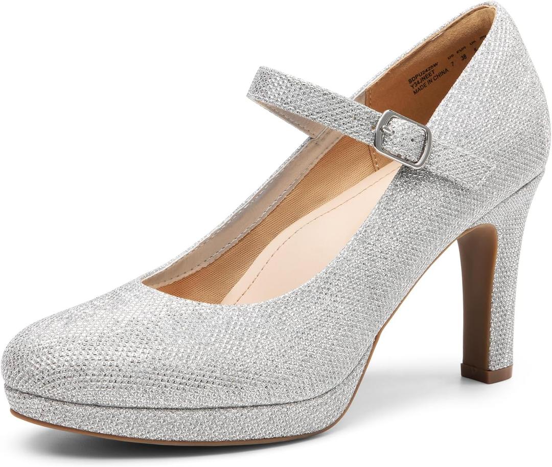 DREAM PAIRS Women's Pumps Close Toe Classic High Heels Round Toe Comfortable Low Platform Mary Jane Dress Shoes, Size 11, Silver-Glitter, SDPU2425W