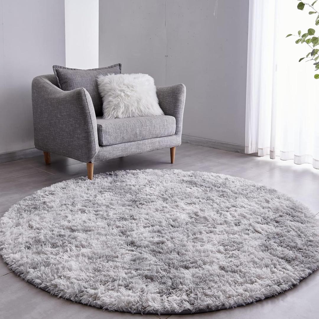 FJZFING Tie-Dyed Light Grey Round Rug Ultra-Soft Plush Modern 5x5 Circle Area Rug for Kid's Bedroom, Fluffy Shag Circular Rug for Nursery Room, Non-Slip Tie-Dyed Light Grey Rug for Teen's Room