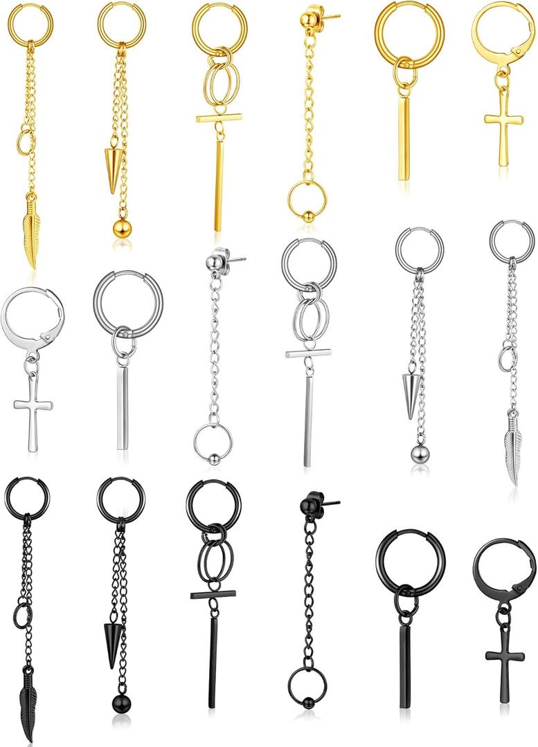 Hicarer 18 Pcs Men Dangle Hanging Earrings Hinged Dangle Stainless Steel Huggie Hoop Long Chain Pendant with Feather Leaf Bar Black Gold Silver