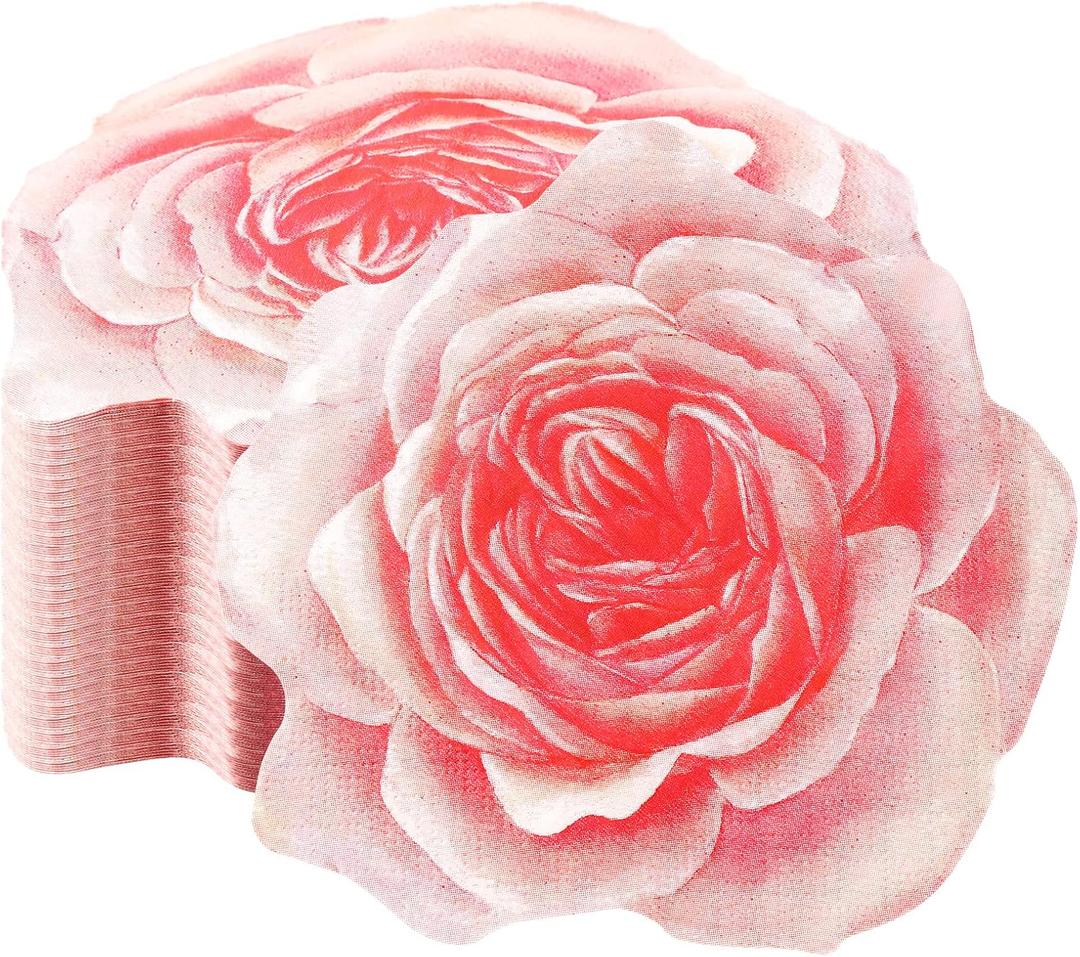 Yeaqee 200 Pcs Flower Shaped Napkins, 2 Ply Disposable Floral Paper Napkin with Pink Rose, 13" x 13" Spring Decorative Flower Tableware for Mothers Day Wedding Bridal Baby Shower Birthday Party Decor