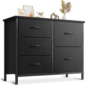 AODK Dresser for Bedroom Dresser TV Stand with 5 Storage Drawers, Small Fabric Dresser Chest of Drawers for Closet Organizer Clothes, Black (Black)