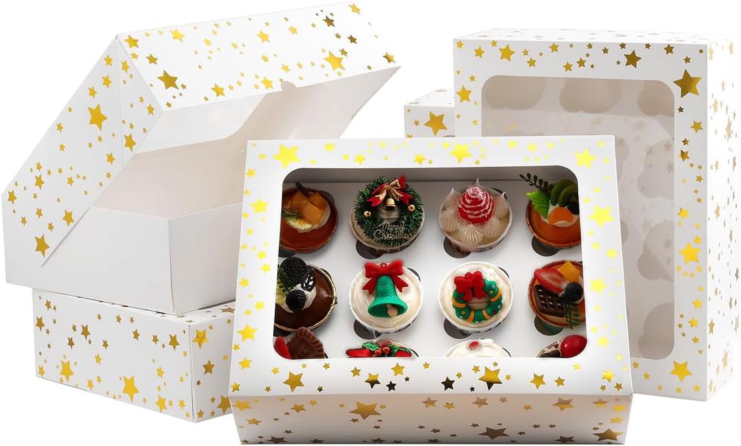 15 Packs Christmas Cupcake Boxes 12 Count, 13x10x3.5 Inch Gold Star Cupcake Containers with Clear Window, Auto-Pop Up Cupcake Carrier with Inserts for Cup Cake, Cupcake Holder for Cookies and Pastry