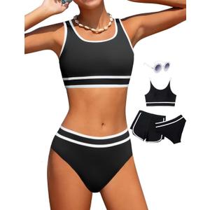 Girls Swimsuits 3 Piece Bathing Suit Bikini Set with Sporty Shorts and Sunglasses Beach Swimwear for Girl Size: 14-15 Years (Black)