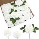 Artificial Flowers Realistic Roses, 100 pcs Real Looking Fake Roses with Stem for DIY Wedding Bouquets Centerpieces Bridal Shower Party Home Romantic Decorations (White)