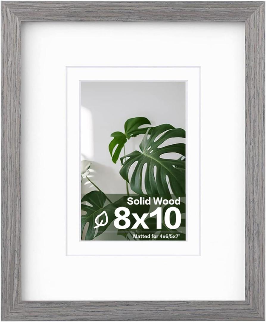 Egofine 8x10 Picture Frame Made of Solid Wood with Plexiglass, Display Pictures 4x6/5x7 with Mat or 8x10 Without Mat for Tabletop and Wall Mounting, Oak Grey
