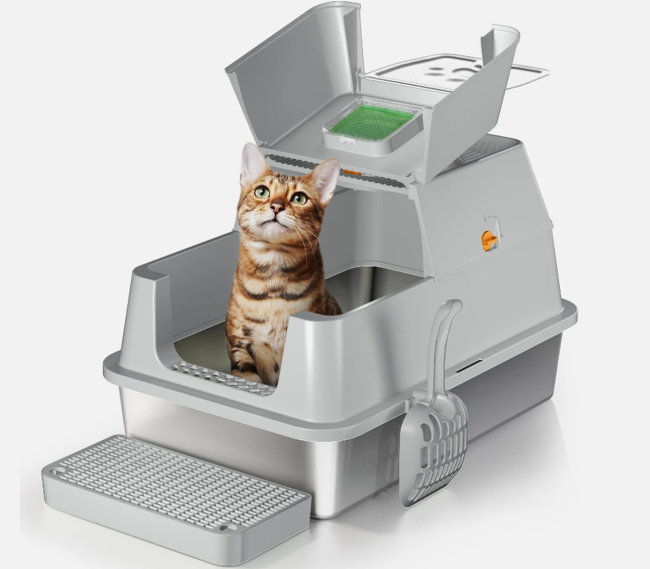 Eosarcu Stainless Steel Cat Litter Box with Lid, 180° Flip-Top XL 