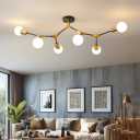 Modern Mid Century Gold and Black Large Sputnik Semi Flush Mount Ceiling Light Fixture for Bedroom Dining Room Living Room Kitchen Hallway Office,Metal 6 Light Long Chandelier