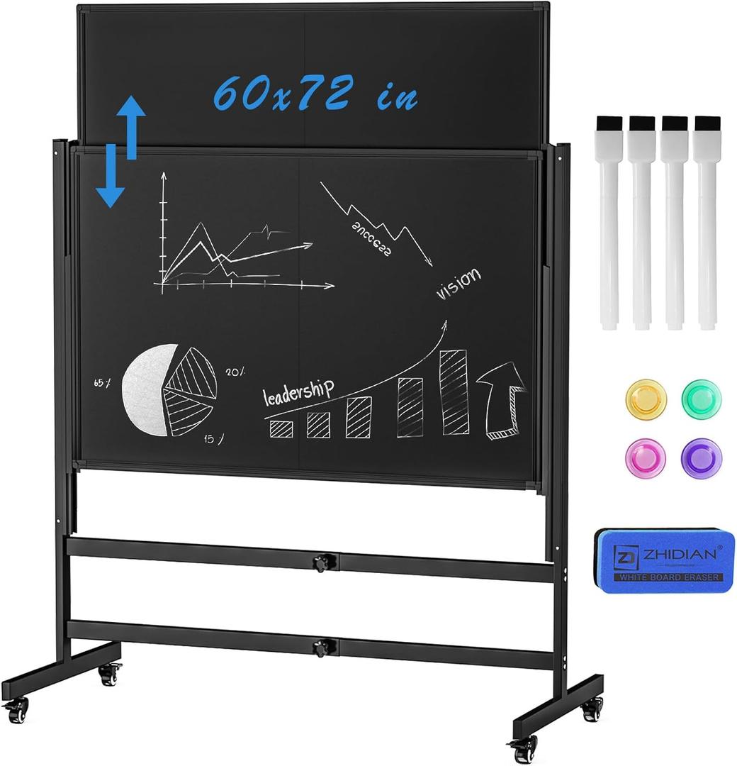 Mobile Chalkboard Height Adjustable - 60x72 inches, Large Rolling Blackboard Double-Sided, Magnetic Black Board on Wheels for School Home Office