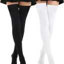 Kayhoma Extra Long Cotton Stripe Thigh High Socks Over the Knee High Stockings (Medium, Black/White)