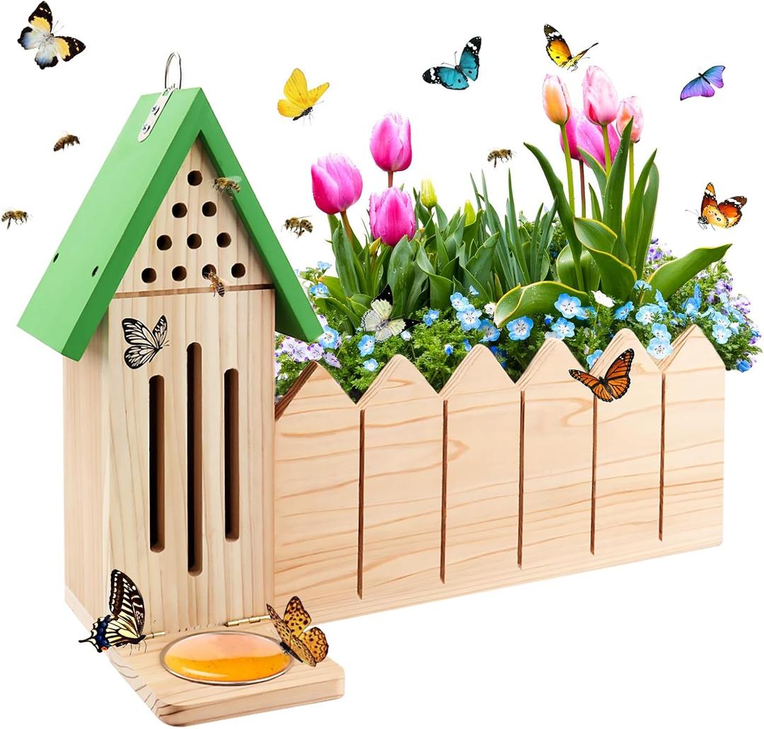 4-in-1 Butterfly House Feeder Bee House with Flower Pot, Wooden Butterfly Houses for The Garden, Butterfly Feeders for Outdoors, Natural Butterfly Garden Kit Habitat for Outside