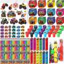 Cholemy 144 Pcs Monster Truck Party Favors Truck Party Supplies School Stationery Set Notebook Sticker Stamper Eraser Ruler Pencil Bag for Birthday Baby Shower Gifts Classroom Prize(Colorful,Monster)