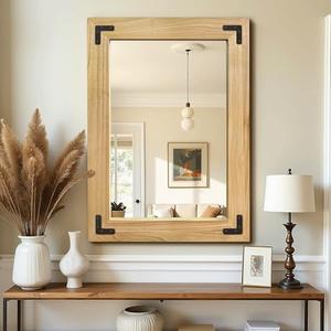 Bathroom Mirror for Wall with Wooden Frame, 20"x28" Solid Wood Vanity Mirror for Farmhouse, Bathroom, Bedroom, Vertical or Horizontal Hanging(Natural)