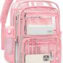 Clear Backpack for School, Large Heavy Duty Clear Bookbag with Luggage Strap & Stitches for Girls Boys, Reinforced See Through PVC Transparent Backpack for Stadium Events College Travel Work Pink