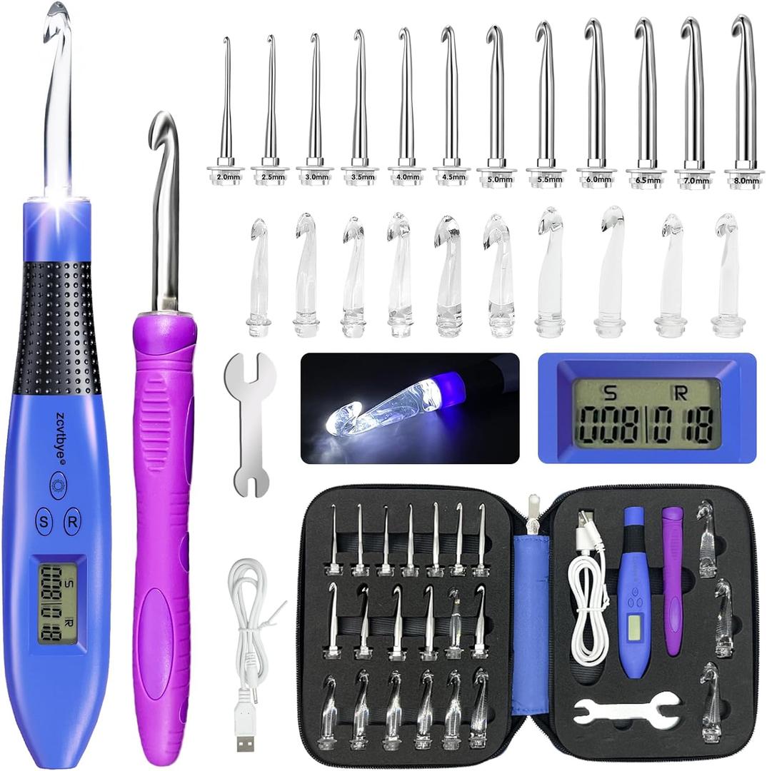 22 Size Crochet Hook Set with Light & Digital Counter, Ergonomic for Arthritic Hands, 2.014.0 mm Interchangeable Hooks, Rechargeable and Beginner-Friendly