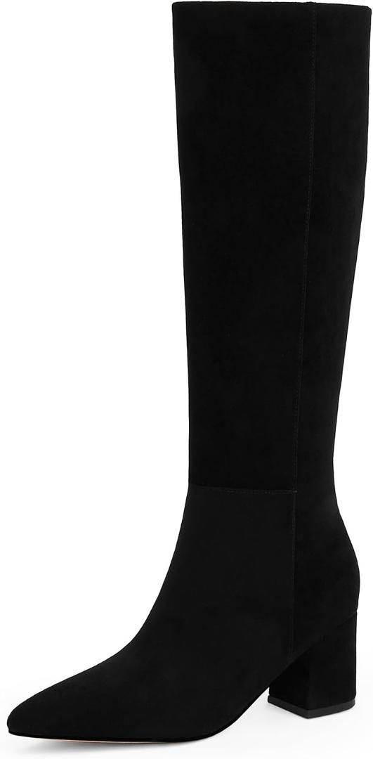Easyfox Black Knee High Boots for Women Black Tall Boots Knee High Boots Women Pointed Toe Long Boots Chunky Heel Suede Boots for Women, Size 9