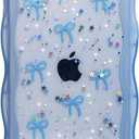 Qokey for iPhone 6S/6 Plus Case 5.5", Glitter Star & Curved Edge Handle Grip Design, Military-Grade Shockproof TPU Cover, Sparkle Protection Scratch-Resistant, Holographic Blue Bow