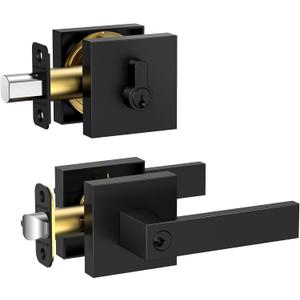 TICONN Matte Black Door Handle Heavy Duty, Reversible Square Door Lever for Bedroom, Bathroom, Rooms (Deadbolt with Keyed Entry - Not keyed Alike, 1 Pack)